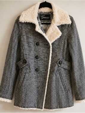 Guess Gray Herringbone Pea Coat with Cream Sherpa Trim